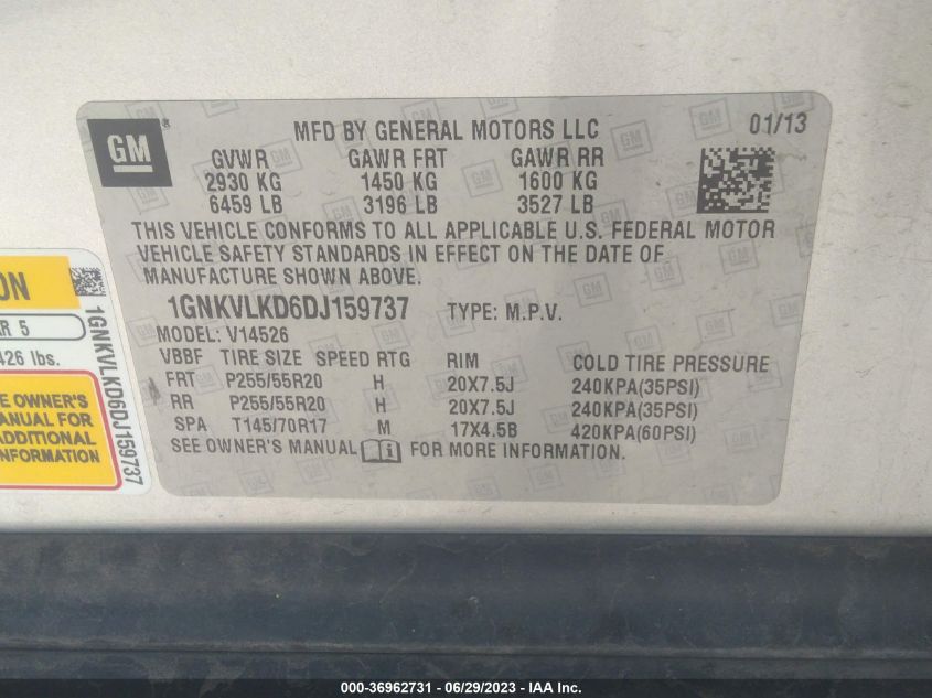 2013 CHEVROLET TRAVERSE LTZ - 1GNKVLKD6DJ159737