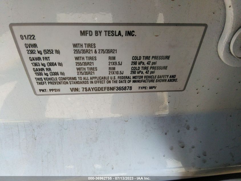 2022 TESLA MODEL Y PERFORMANCE - 7SAYGDEF8NF365878