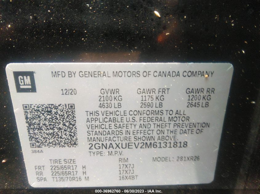 2021 CHEVROLET EQUINOX LT - 2GNAXUEV2M6131818