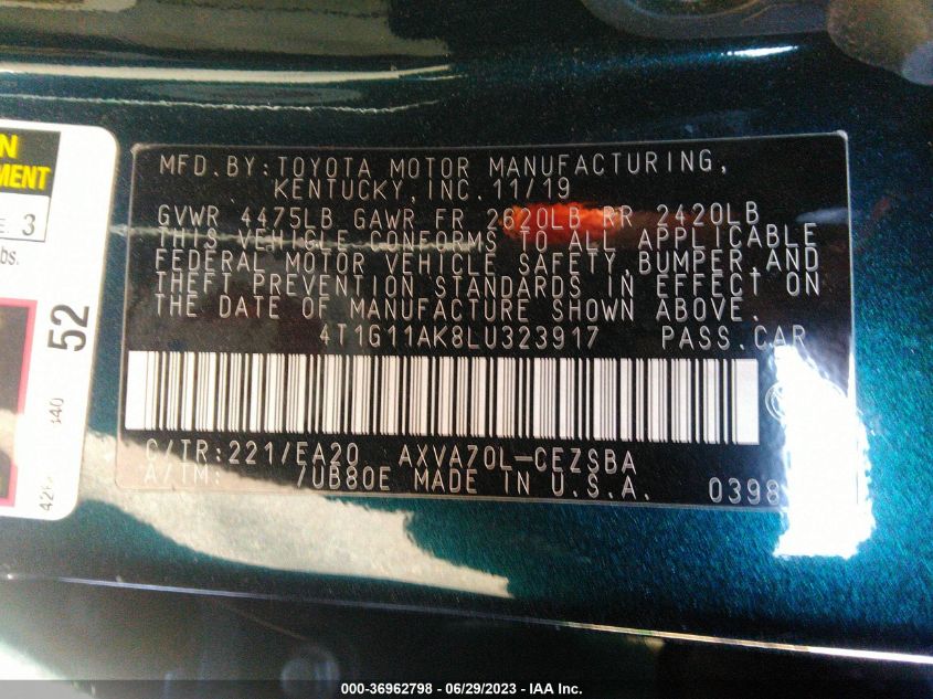 2020 TOYOTA CAMRY SE - 4T1G11AK8LU323917