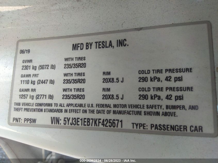 2019 TESLA MODEL 3 LONG RANGE/PERFORMANCE - 5YJ3E1EB7KF425671