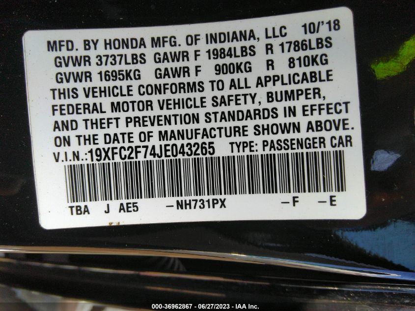 2018 HONDA CIVIC SEDAN EX - 19XFC2F74JE043265
