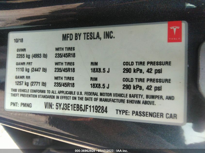 2018 TESLA MODEL 3 - 5YJ3E1EB6JF119284