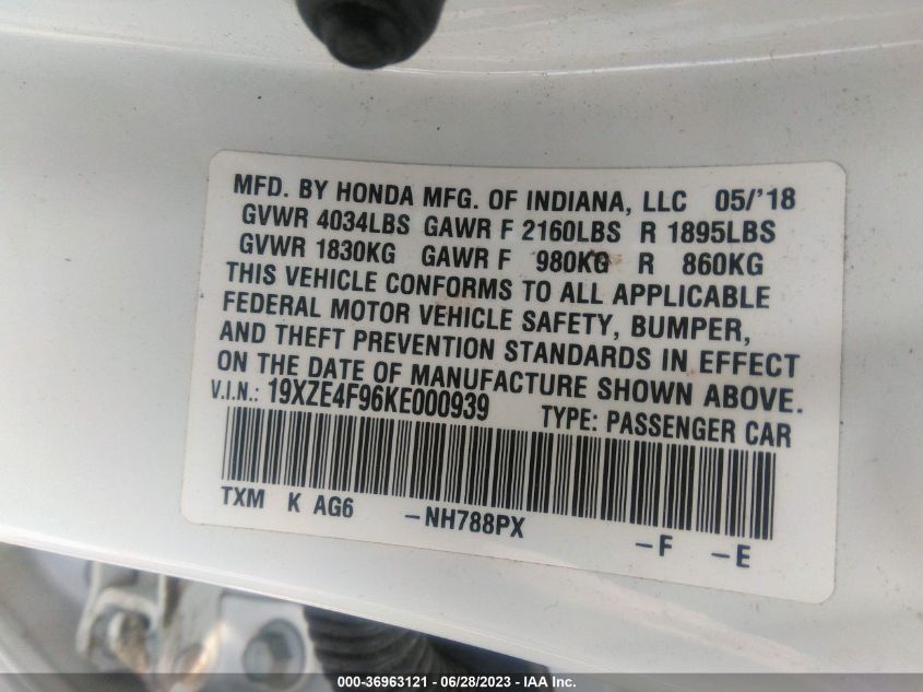 2019 HONDA INSIGHT TOURING 19XZE4F96KE000939