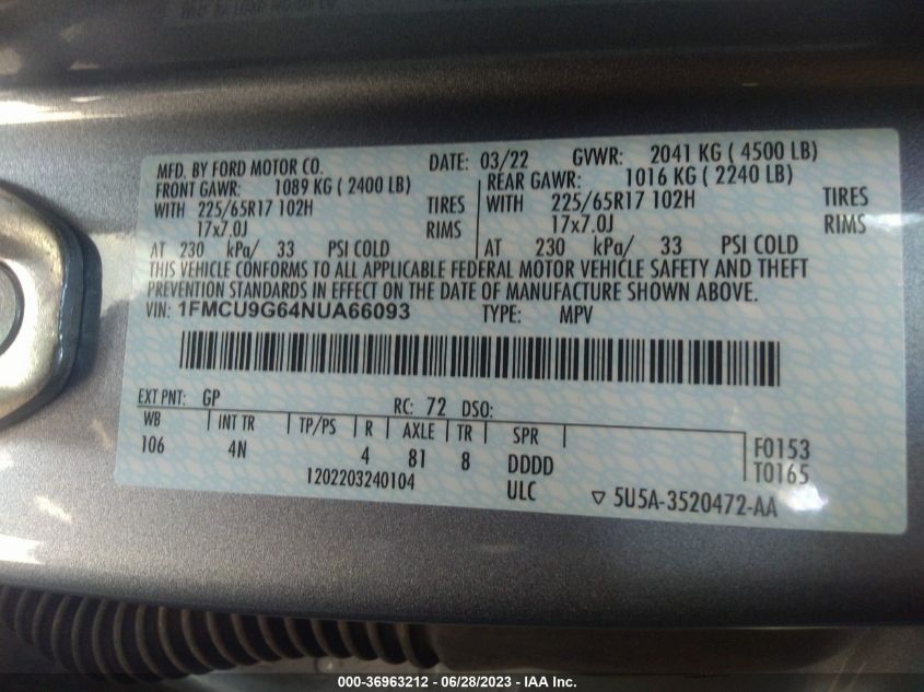 2022 FORD ESCAPE SE - 1FMCU9G64NUA66093