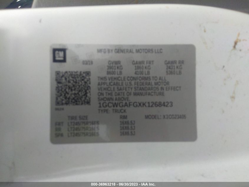 2019 CHEVROLET EXPRESS CARGO VAN - 1GCWGAFGXK1268423