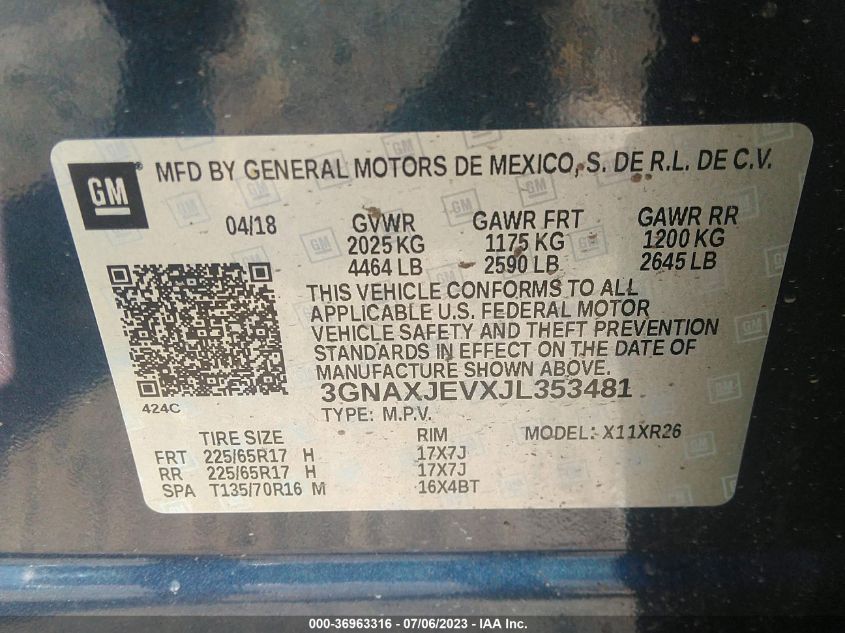 2018 CHEVROLET EQUINOX LT - 3GNAXJEVXJL353481