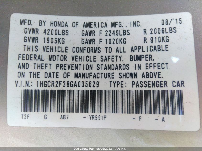 2016 HONDA ACCORD SEDAN LX - 1HGCR2F38GA005629