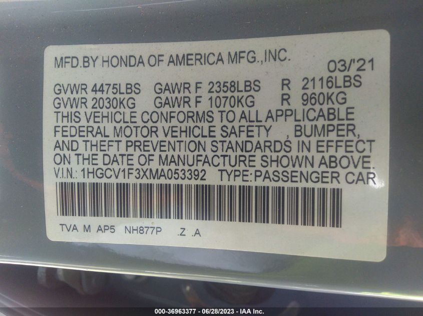 2021 HONDA ACCORD SEDAN SPORT - 1HGCV1F3XMA053393