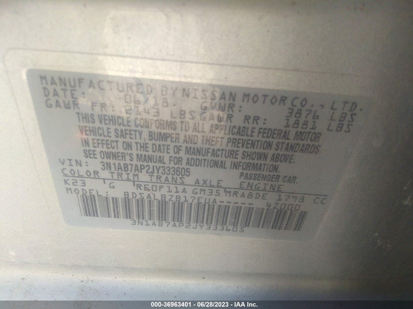 VIN 3N1AB7AP2JY333605 2018 NISSAN SENTRA S/SV/SR/SL