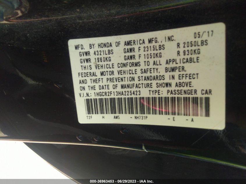 2017 HONDA ACCORD SEDAN SPORT SE - 1HGCR2F13HA225423
