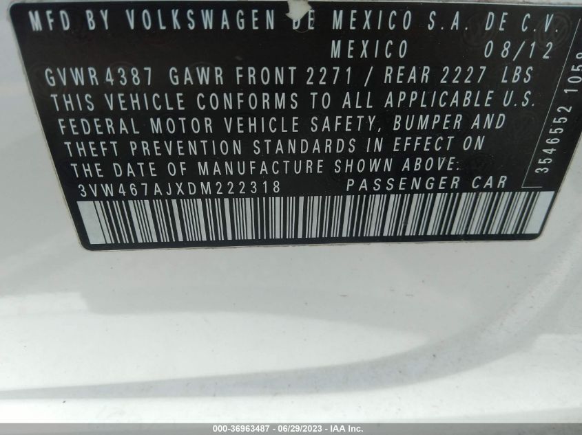 2013 VOLKSWAGEN GLI 3VW467AJXDM222318