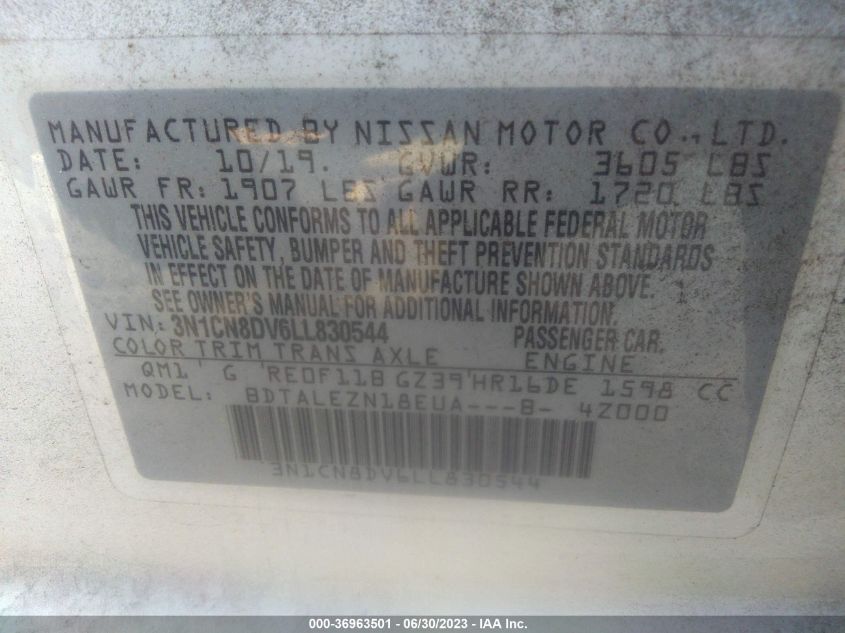 3N1CN8DV6LL830544 Nissan Versa S 9