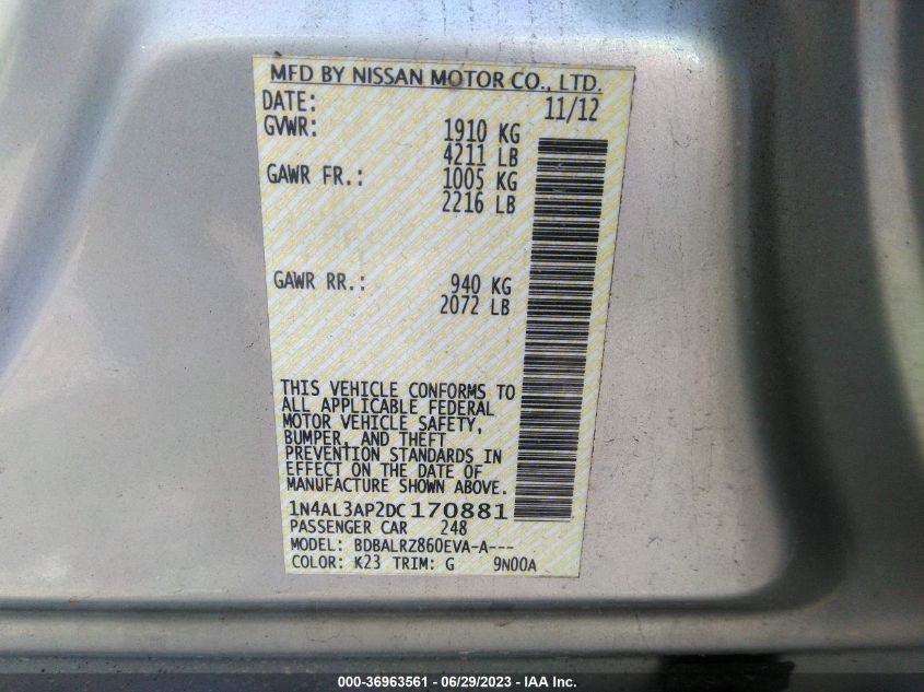 2013 NISSAN ALTIMA 2.5 S - 1N4AL3AP2DC170881