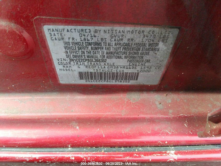 2016 NISSAN VERSA NOTE S/S PLUS/SV/SL/SR - 3N1CE2CP8GL398352