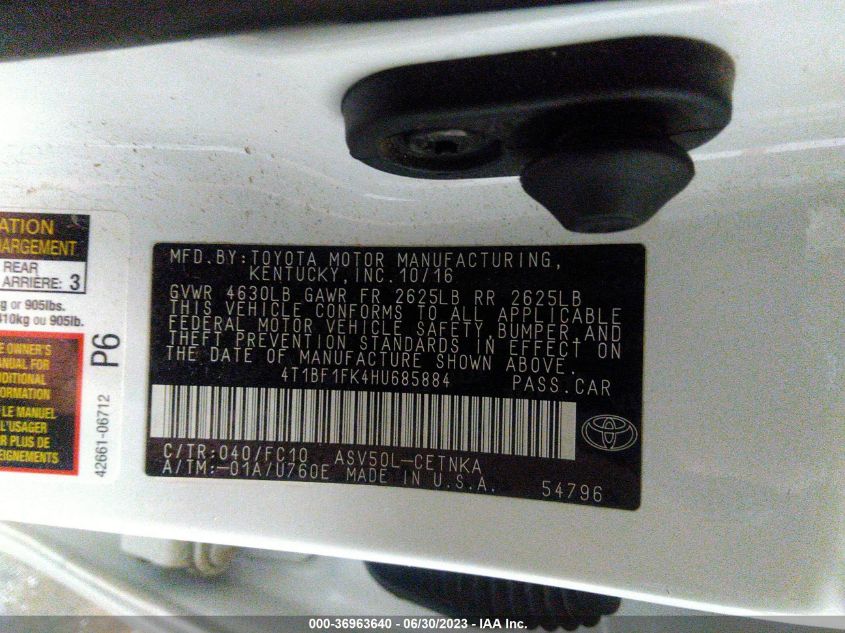 2017 TOYOTA CAMRY XLE/SE/LE/XSE - 4T1BF1FK4HU685884