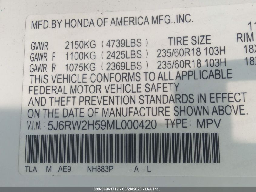 VIN 5J6RW2H59ML000420 2021 HONDA CR-V EX