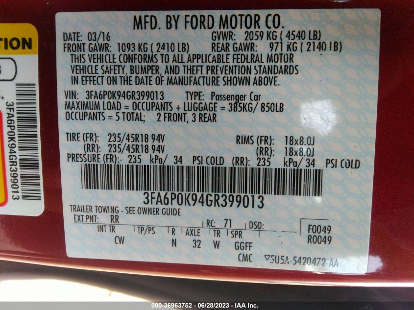 2016 FORD FUSION TITANIUM - 3FA6P0K94GR399013