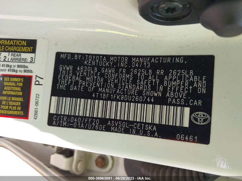 2013 TOYOTA CAMRY L/LE/SE/XLE - 4T1BF1FK8DU260744