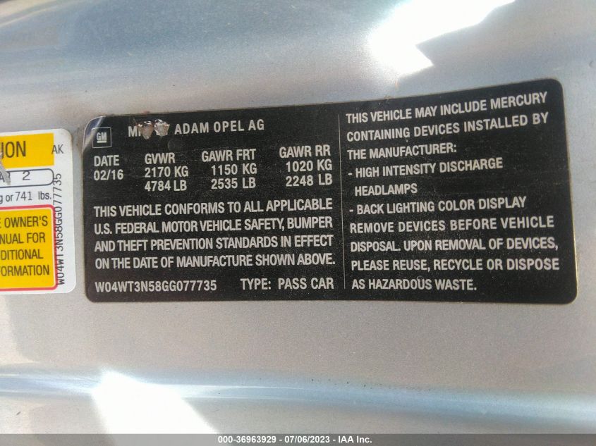 2016 BUICK CASCADA PREMIUM W04WT3N58GG077735