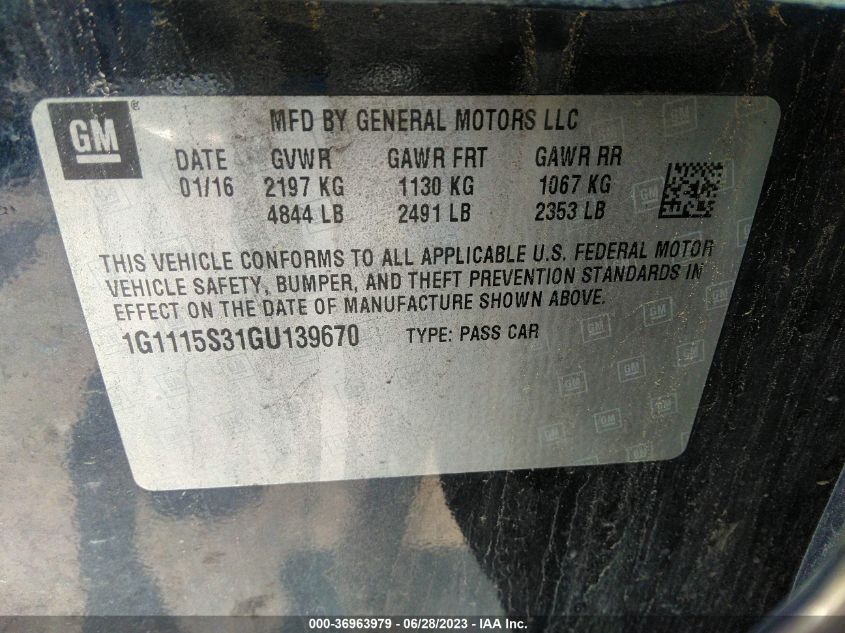 2016 CHEVROLET IMPALA LT - 1G1115S31GU139670