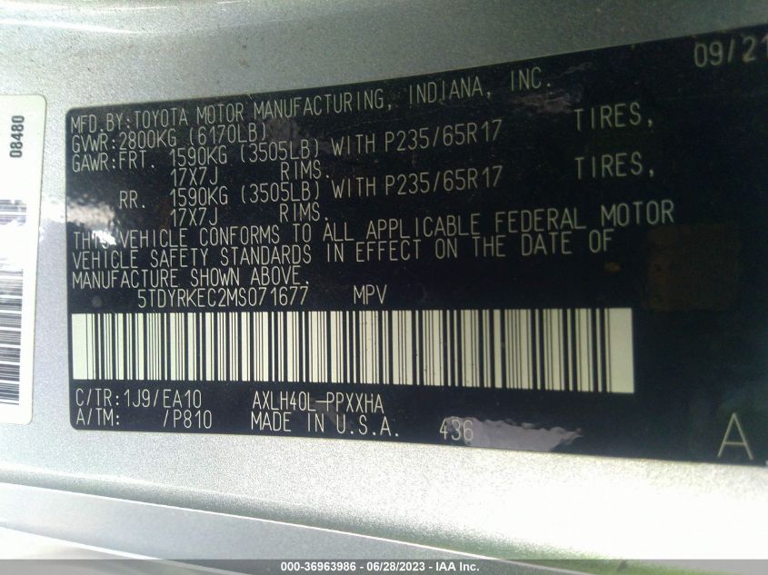 2021 TOYOTA SIENNA XLE - 5TDYRKEC2MS071677