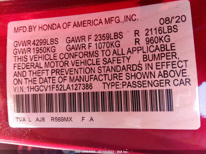 2020 HONDA ACCORD SEDAN EX-L - 1HGCV1F52LA127386