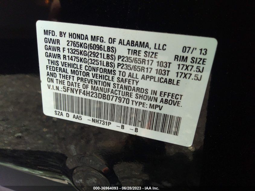2013 HONDA PILOT LX - 5FNYF4H23DB077970