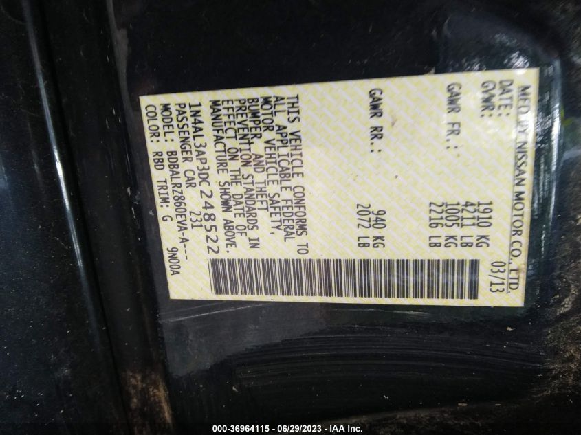 2013 NISSAN ALTIMA 2.5 S - 1N4AL3AP3DC248522