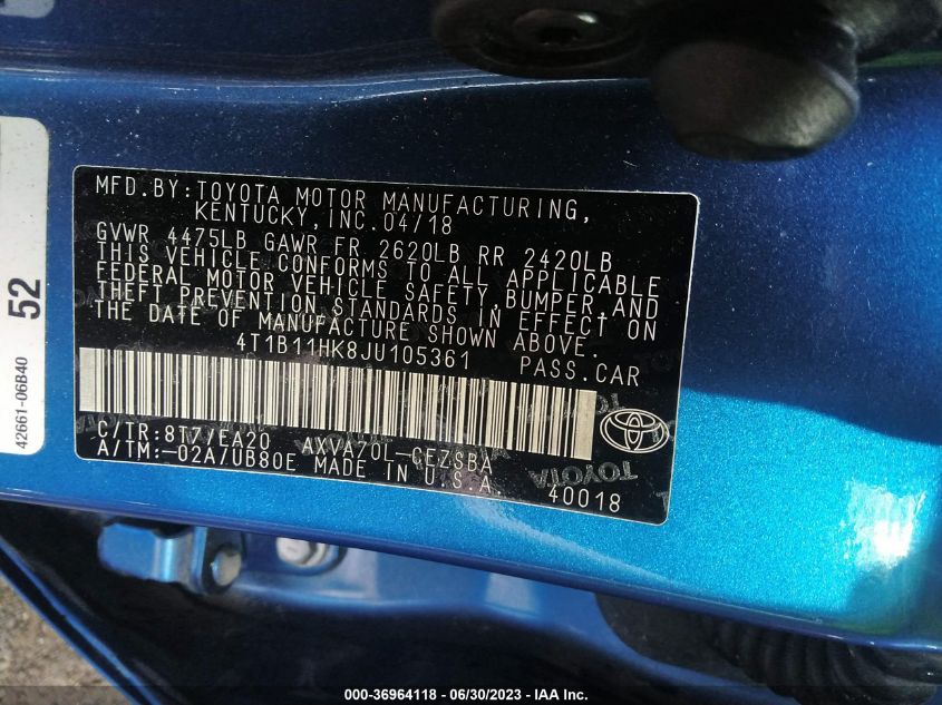 2018 TOYOTA CAMRY LE/SE/XLE/L - 4T1B11HK8JU105361