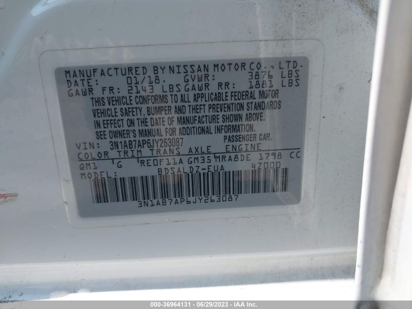 2018 NISSAN SENTRA SV - 3N1AB7AP6JY263087
