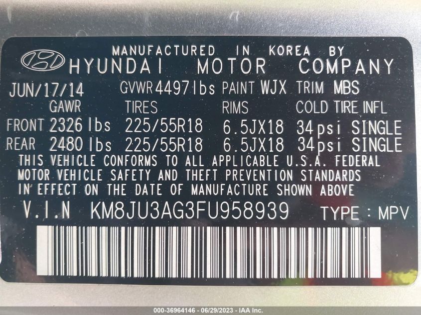 2015 HYUNDAI TUCSON LIMITED - KM8JU3AG3FU958939