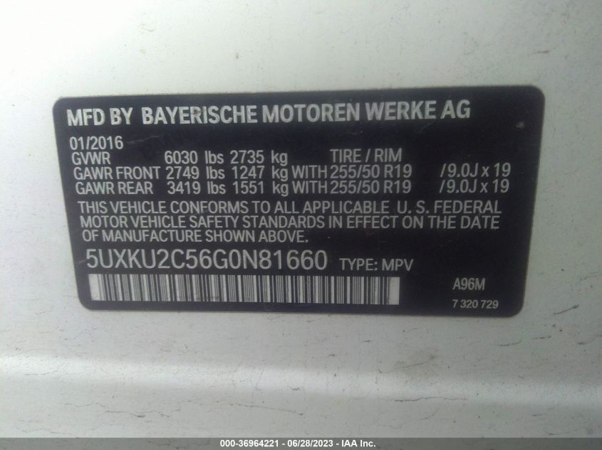 2016 BMW X6 XDRIVE35I - 5UXKU2C56G0N81660