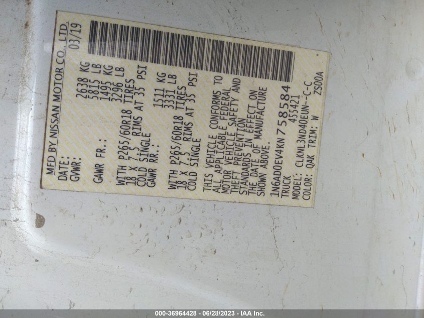 2019 NISSAN FRONTIER SL - 1N6AD0EV4KN758584