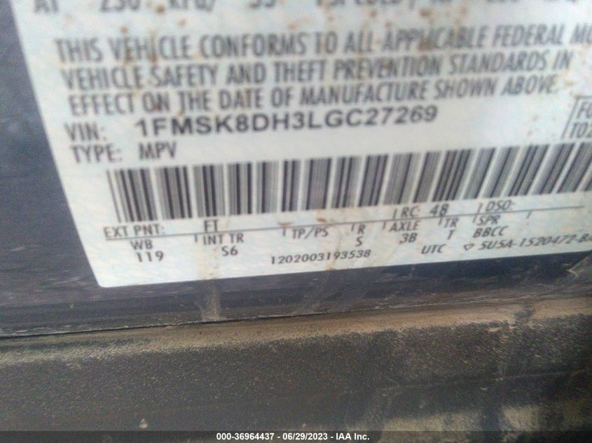 2020 FORD EXPLORER XLT - 1FMSK8DH3LGC27269