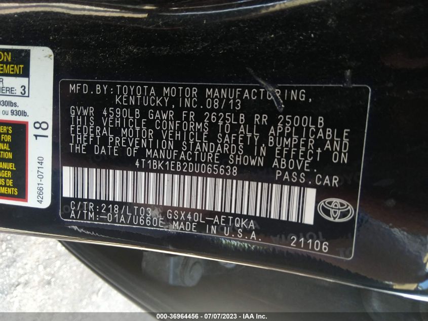 2013 TOYOTA AVALON XLE/LIMITED - 4T1BK1EB2DU065638