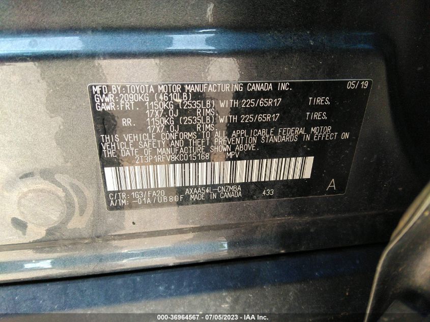 VIN 2T3P1RFV8KC015168 2019 TOYOTA RAV4 XLE
