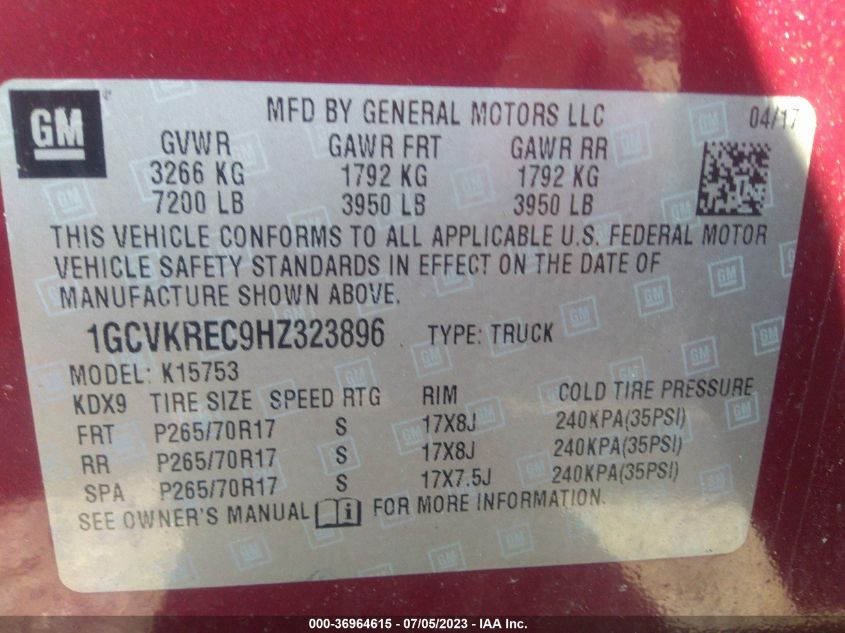 2017 CHEVROLET SILVERADO 1500 LT - 1GCVKREC9HZ323896