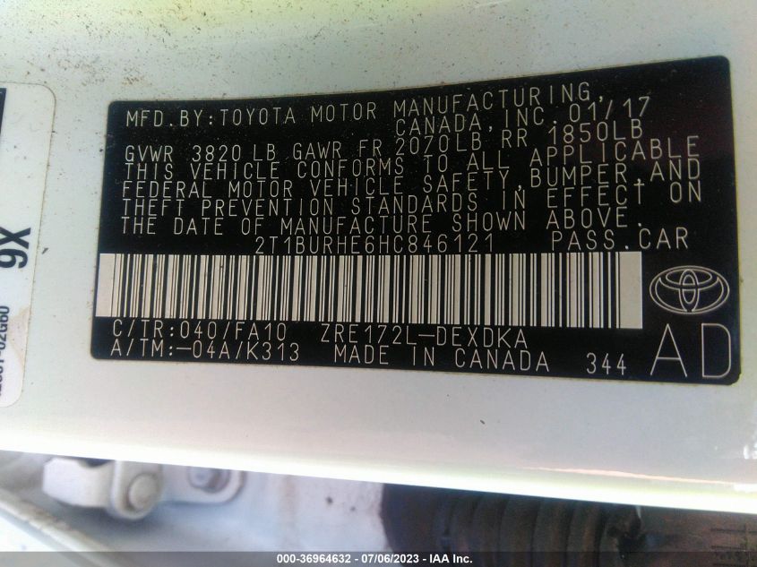 2017 TOYOTA COROLLA L/LE/XLE/SE - 2T1BURHE6HC846121