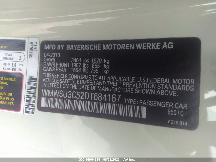 2013 MINI COOPER HARDTOP - WMWSU3C52DT684167