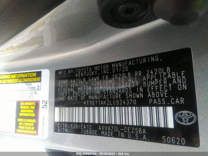 2020 TOYOTA CAMRY SE - 4T1G11AK2LU924370