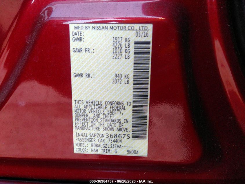 2016 NISSAN ALTIMA 2.5/S/SV/SL/SR - 1N4AL3AP2GN368675