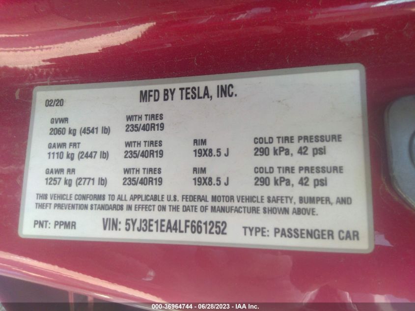 2020 TESLA MODEL 3 STANDARD RANGE - 5YJ3E1EA4LF661252
