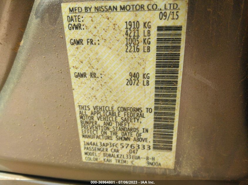 2015 NISSAN ALTIMA 2.5 SV - 1N4AL3AP3FC576333