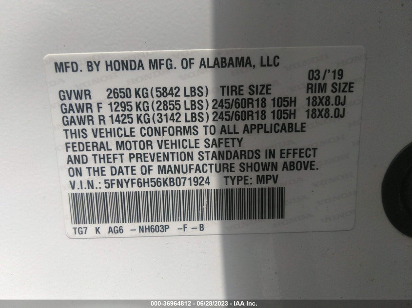 VIN 5FNYF6H56KB071924 2019 HONDA PILOT EX-L
