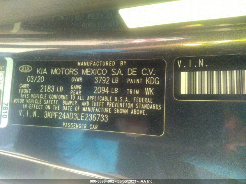 2020 KIA FORTE LXS - 3KPF24AD3LE236733
