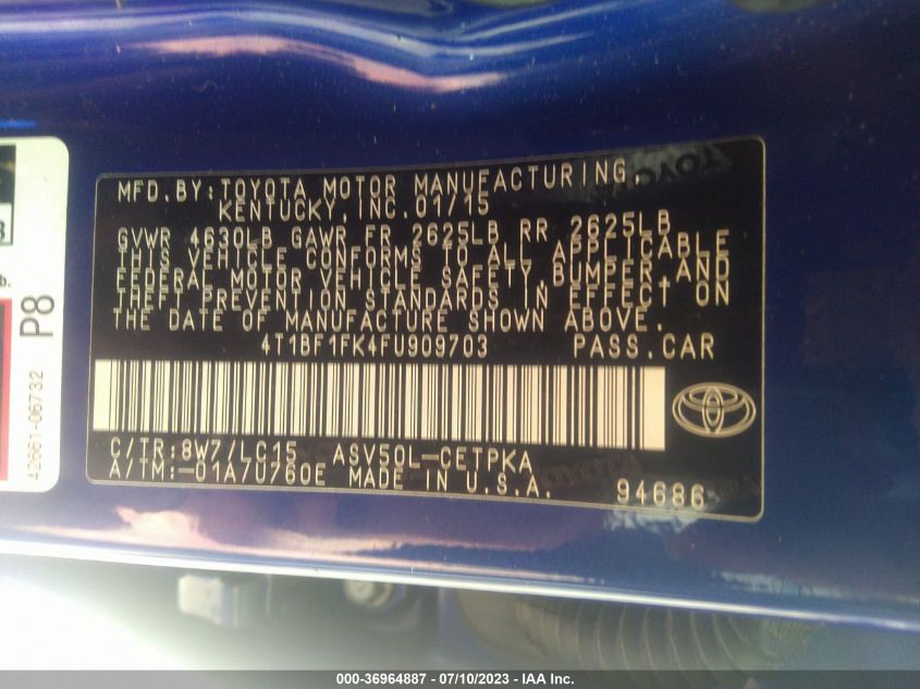 2015 TOYOTA CAMRY XLE/SE/LE/XSE - 4T1BF1FK4FU909703