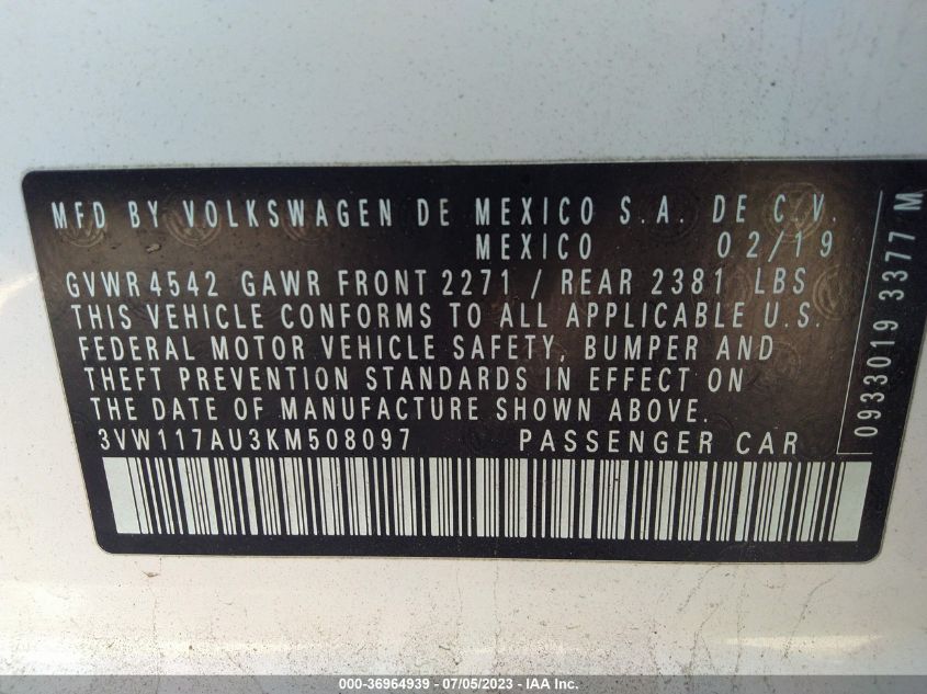 2019 VOLKSWAGEN GOLF SPORTWAGEN S 3VW117AU3KM508097