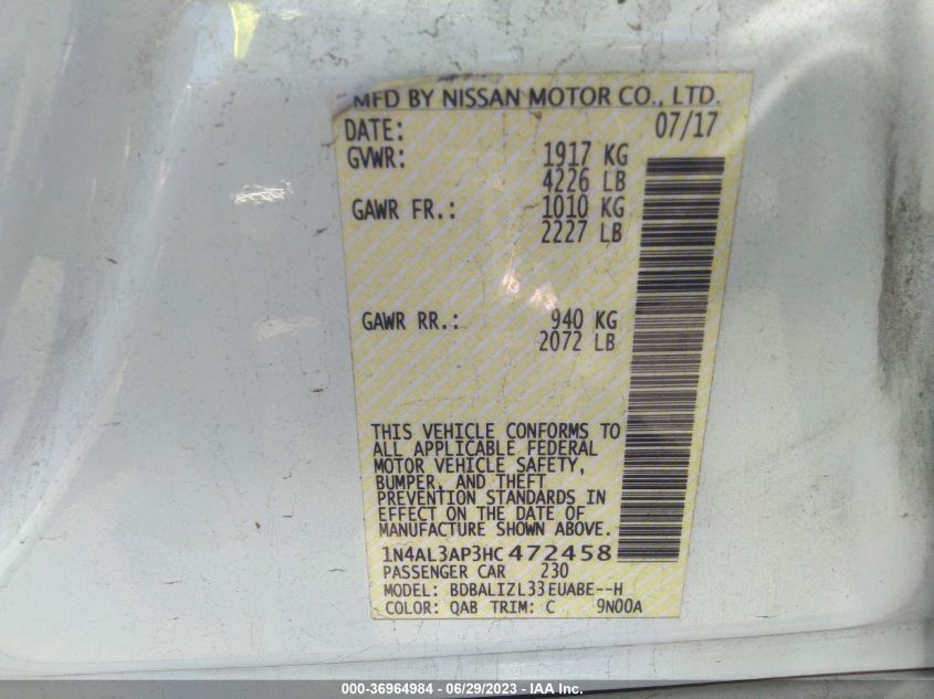 2017 NISSAN ALTIMA 2.5 SV - 1N4AL3AP3HC472458