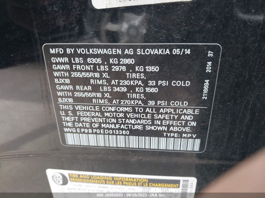 2014 VOLKSWAGEN TOUAREG V6 TDI - WVGEP9BP0ED013360